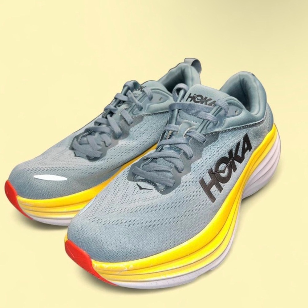 Hoka Men's Running Shoes in Gray with Yellow Midsole and Red Toe Accents